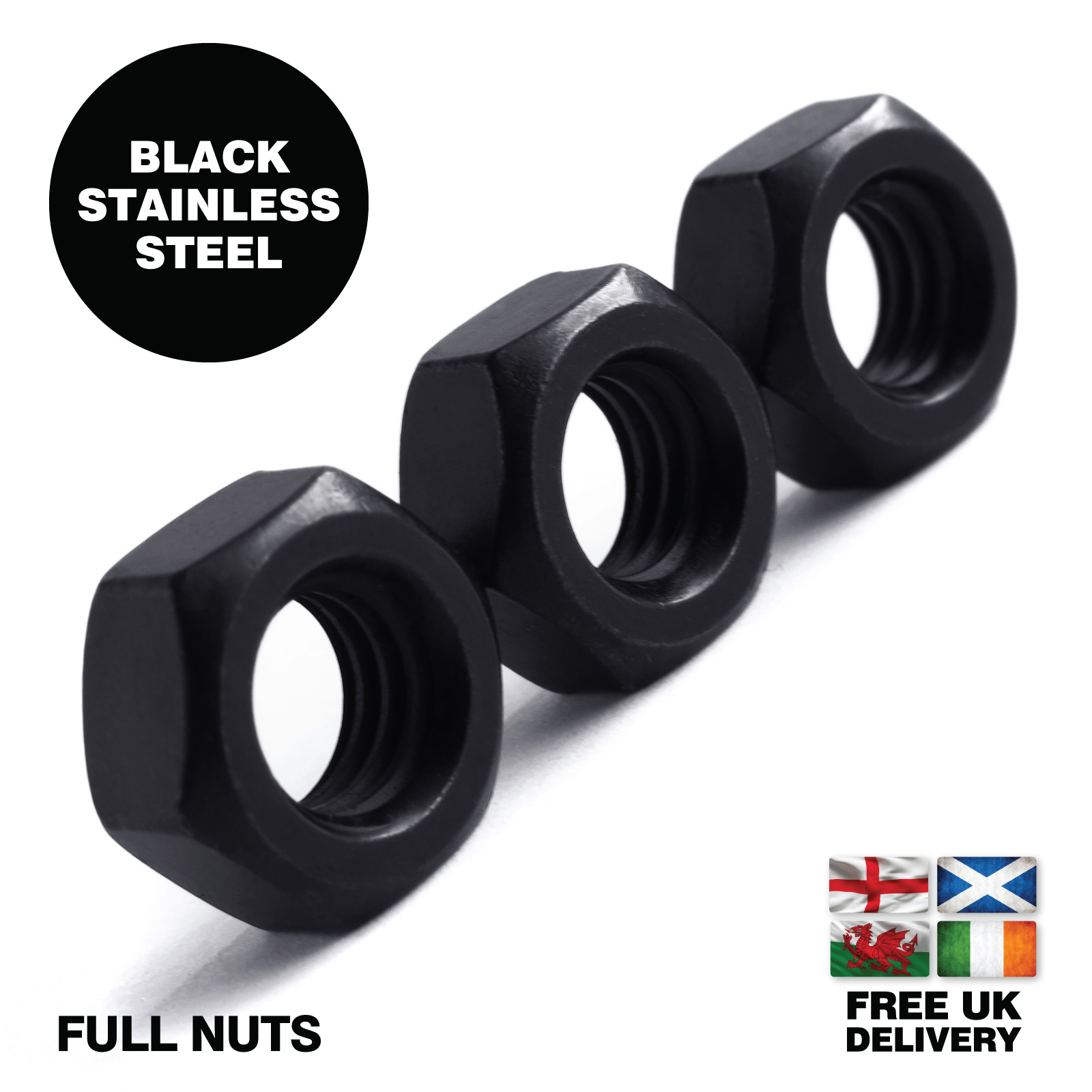 Black Stainless Steel A270 Full Nuts or Dome Nuts M3, M4, M5, M6, M8